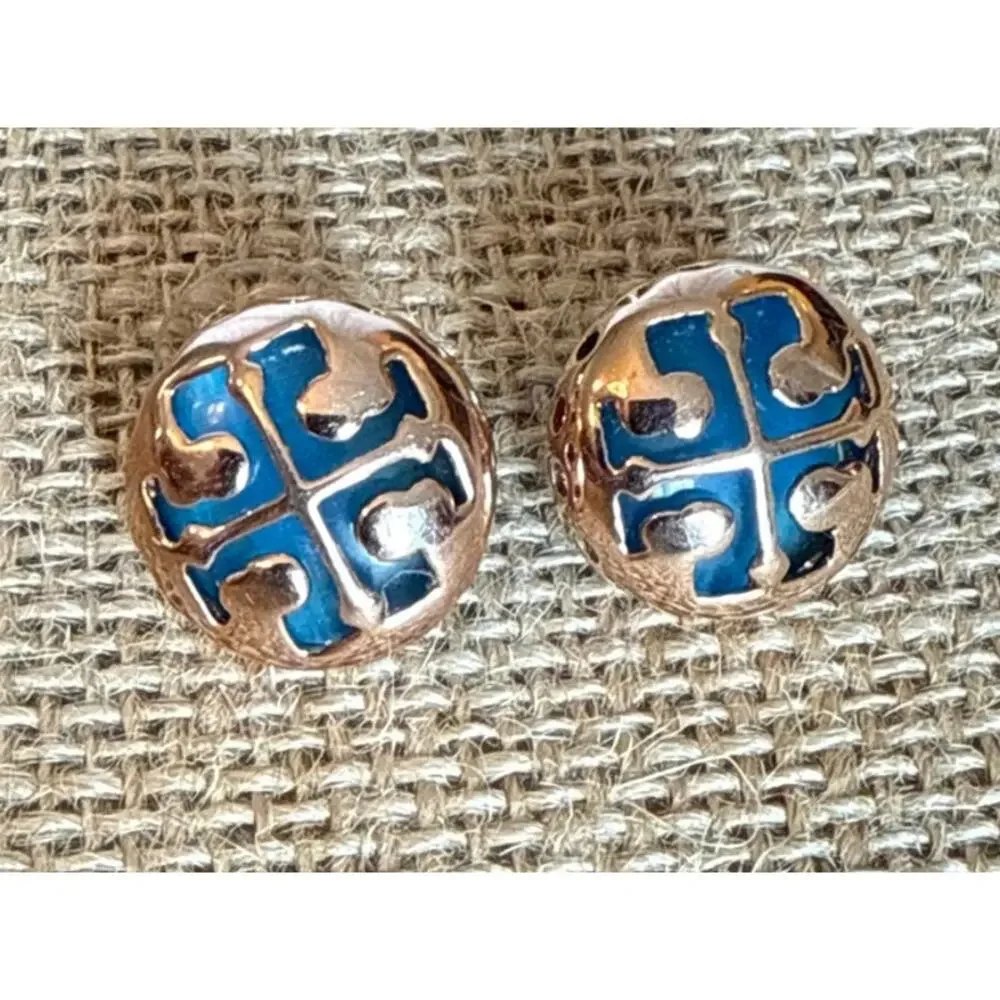 Tory Burch Miller Stud Earrings – Rose Gold & Blue Enamel Logo Corporate